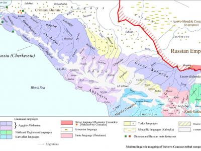 Modern linguistic mapping of Western Caucasus tribal composition 1774-1780